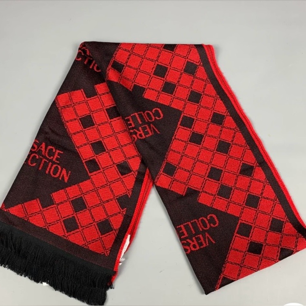 VERSACE COLLECTION Red & Black Diamond Wool Blend Frineg Scarf